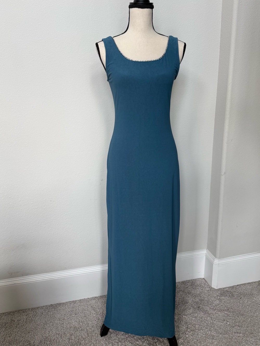 Vintage Alex Evenings Sleeveless Teal Scoop Neck Sparkle Maxi Dress